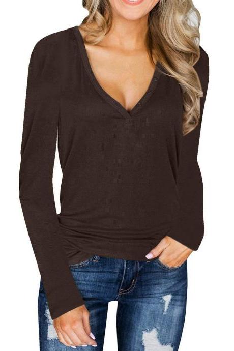Women Knitted Sweater Spring Autumn V Neck Long Sleeve Button Slim Thin Pullover Tops brown