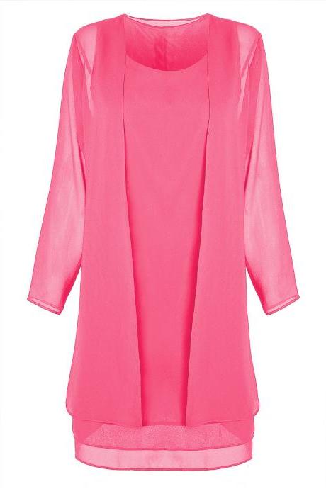 Women Chiffon Midi Dress Plus size Long Sleeve Casual Loose Two Pieces Dress deep pink