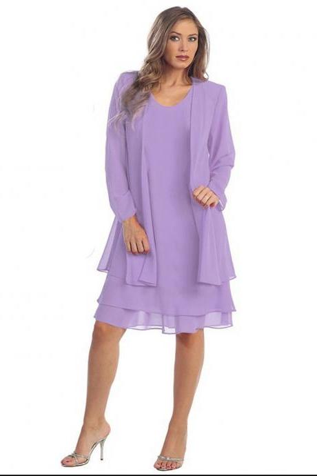 Women Chiffon Midi Dress Plus size Long Sleeve Casual Loose Two Pieces Dress lilac
