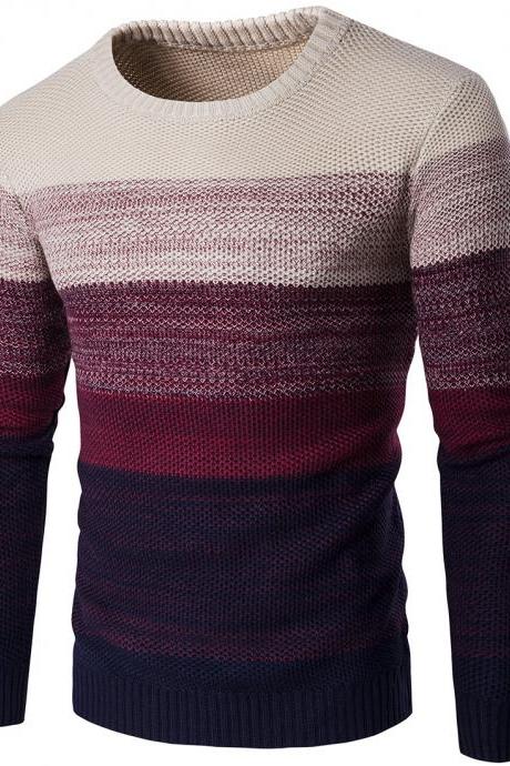 Men Knitted Sweater O Neck Striped Patchwork Casual Long Sleeve Slim Fit Pullover Tops red