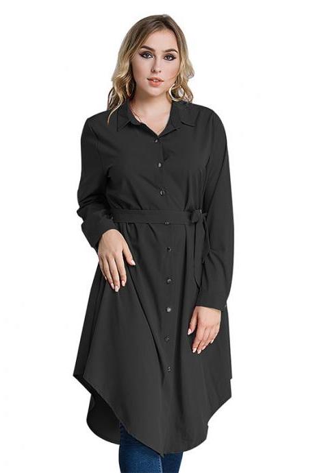 Plus Size Women Shirt Dress Long Sleeve Belted Work Office Midi Casual Asymmetrical Dress black
