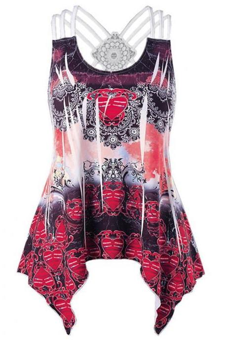Women Asymmetrical Tank Top Printed Lace Patchwork Casual Summer Sleeveless Vest Top red