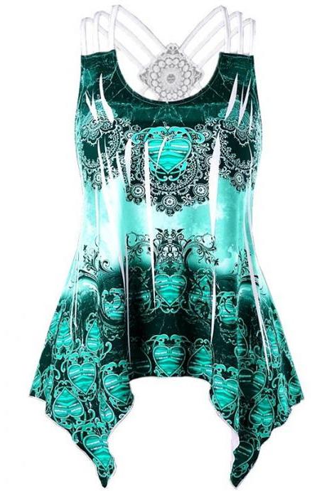 Women Asymmetrical Tank Top Printed Lace Patchwork Casual Summer Sleeveless Vest Top green