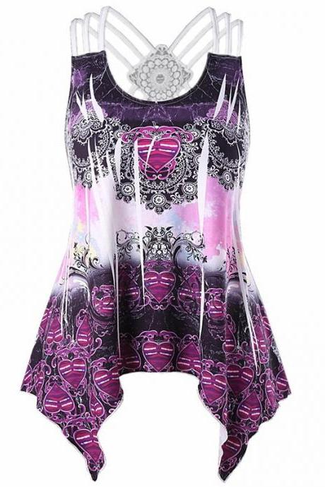 Women Asymmetrical Tank Top Printed Lace Patchwork Casual Summer Sleeveless Vest Top purple