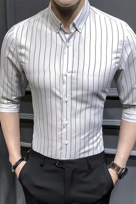  Men Striped Shirt Summer Turn-down Collar 3/4 Sleeve Casual Plus Size Slim Fit Shirt off white