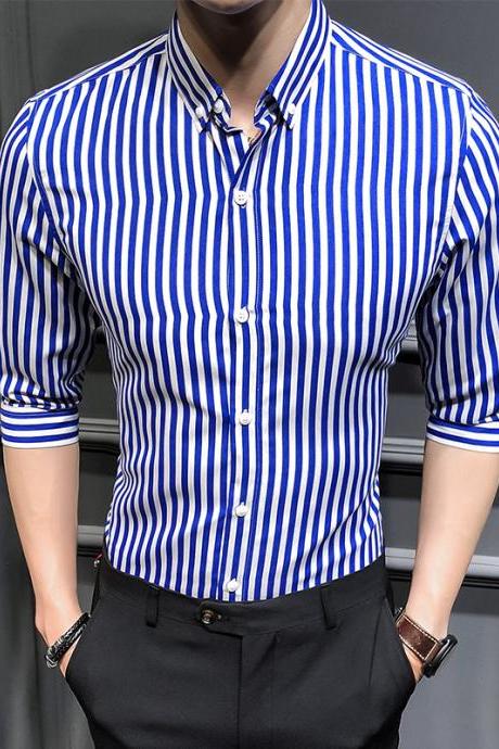 Men Striped Shirt Summer Turn-down Collar 3/4 Sleeve Casual Plus Size Slim Fit Shirt blue
