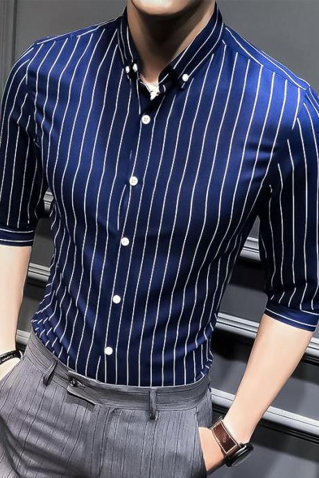 Men Striped Shirt Summer Turn-down Collar 3/4 Sleeve Casual Plus Size Slim Fit Shirt Navy Blue