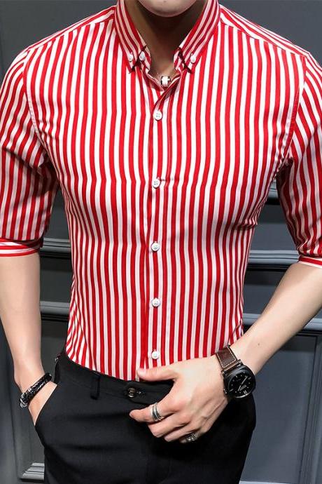 Men Striped Shirt Summer Turn-down Collar 3/4 Sleeve Casual Plus Size Slim Fit Shirt Red