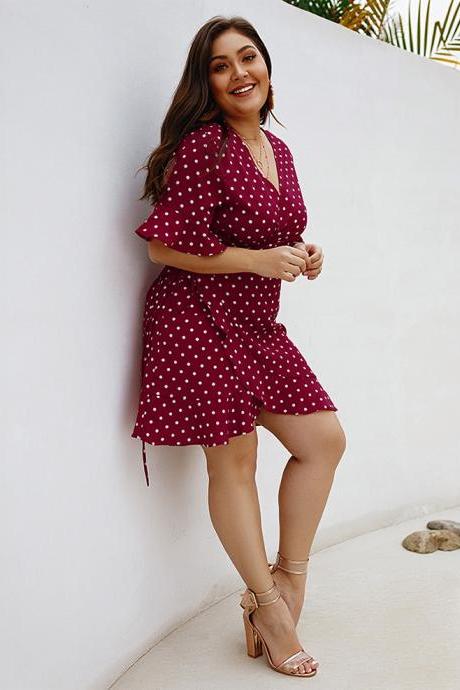 Women Polka Dot Dress V-Neck Short Flare Sleeve Plus Size Wrap Casual Summer Mini Party Dress wine red