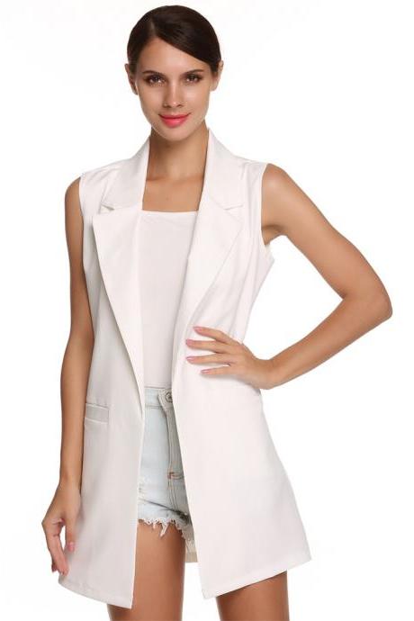 Women Waistcoat Spring Autumn Lapel Neck Work Office Casual Long Vest Slim Sleeveless Coat off white