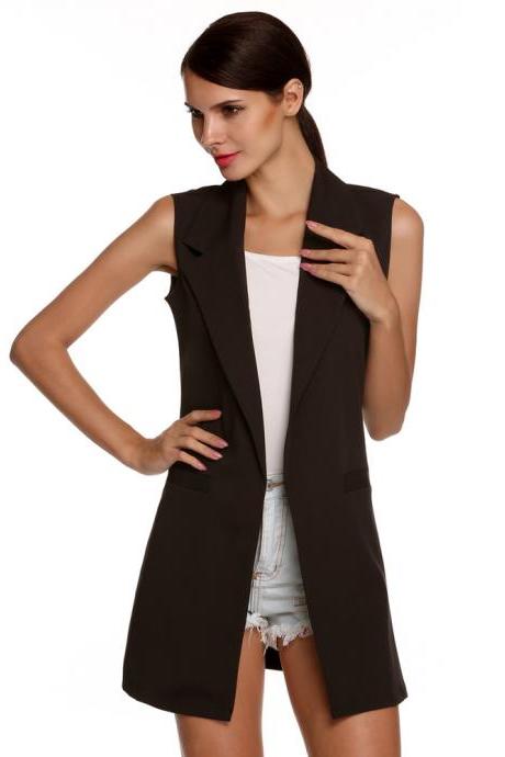Women Waistcoat Spring Autumn Lapel Neck Work Office Casual Long Vest Slim Sleeveless Coat black