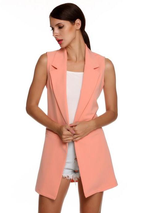 Women Waistcoat Spring Autumn Lapel Neck Work Office Casual Long Vest Slim Sleeveless Coat pink