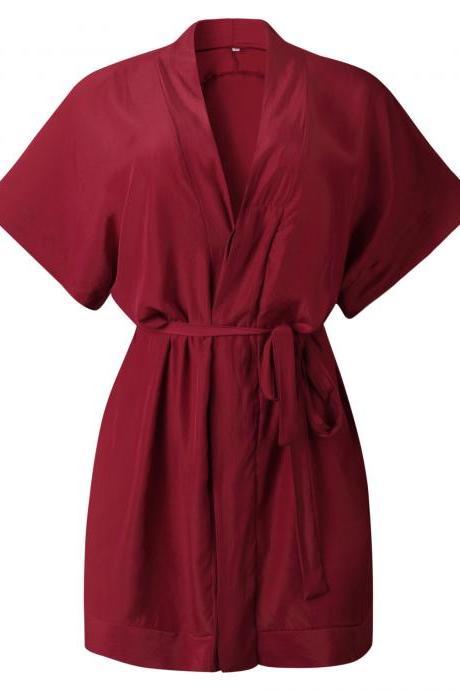 Women Shirt Dress Summer V Neck Causal Short Sleeve Belted Boho Mini Beach Dress wine red