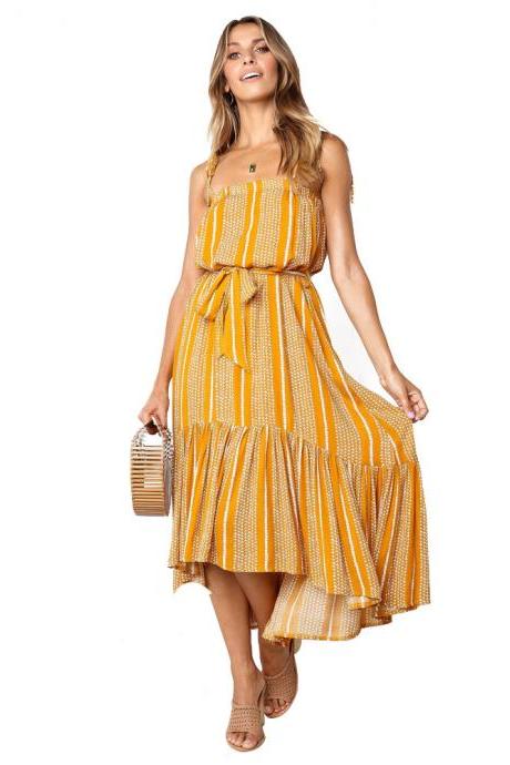 Women Asymmetrical Dress Spaghetti Strap Sleeveless Printed Belted Casual Summer Beach High Low Boho Dress yellow