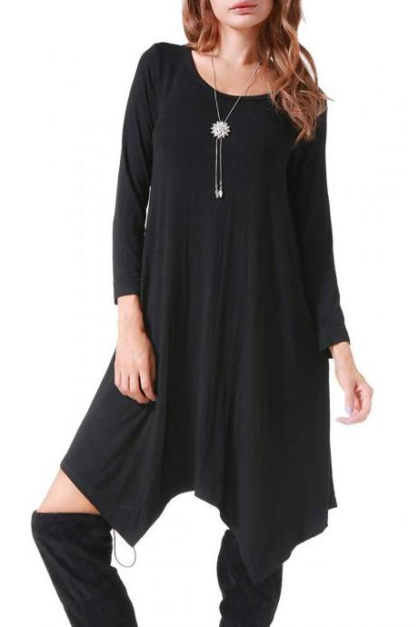 Women Asymmetrical Dress Spring Autumn Long Sleeve Pocket Casual Loose Midi Dress black