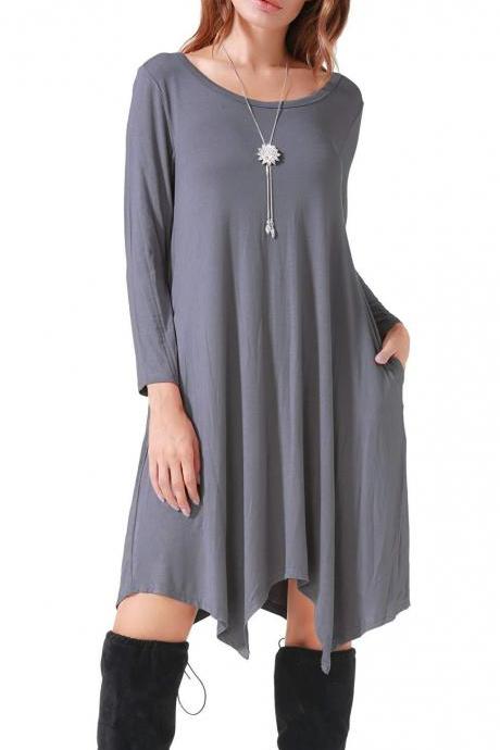  Women Asymmetrical Dress Spring Autumn Long Sleeve Pocket Casual Loose Midi Dress gray