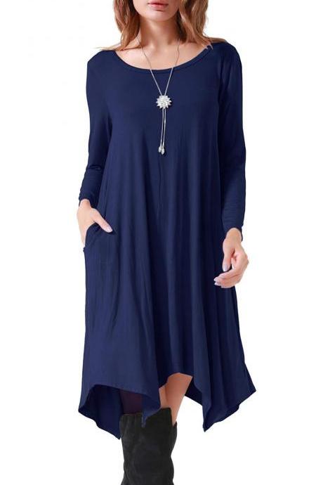 Women Asymmetrical Dress Spring Autumn Long Sleeve Pocket Casual Loose Midi Dress navy blue