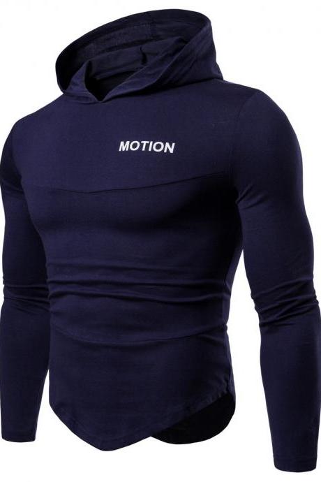 Men Long Sleeve T Shirt Spring Autumn Hooded Hip Hop Casual Streetwear Slim Fit Asymmetrical Tops navy blue