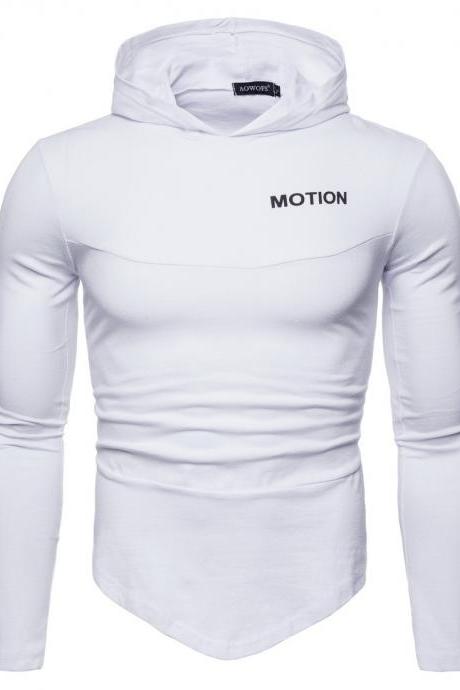 Men Long Sleeve T Shirt Spring Autumn Hooded Hip Hop Casual Streetwear Slim Fit Asymmetrical Tops off white