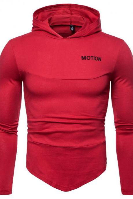 Men Long Sleeve T Shirt Spring Autumn Hooded Hip Hop Casual Streetwear Slim Fit Asymmetrical Tops red
