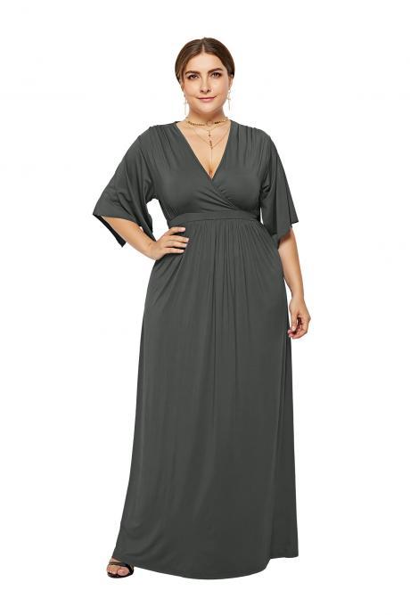 Plus Size Women Maxi Dress V Neck Half Sleeve Casual Long Formal Evening Gowns dark gray