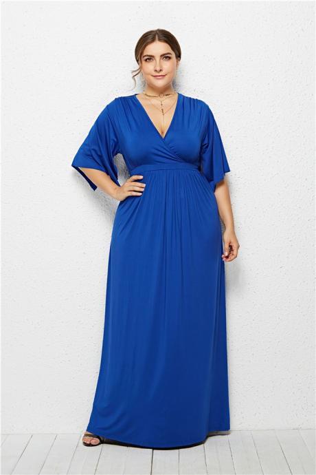 Plus Size Women Maxi Dress V Neck Half Sleeve Casual Long Formal Evening Gowns royal blue