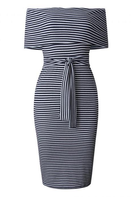 Women Pencil Dress Off the Shoulder Backless Striped Summer Bodycon Office Party Dress navy blue