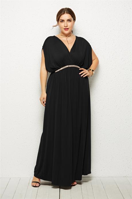Plus Size Women Maxi Dress V Neck Summer Short Sleeve Long Formal Evening Party Dress black
