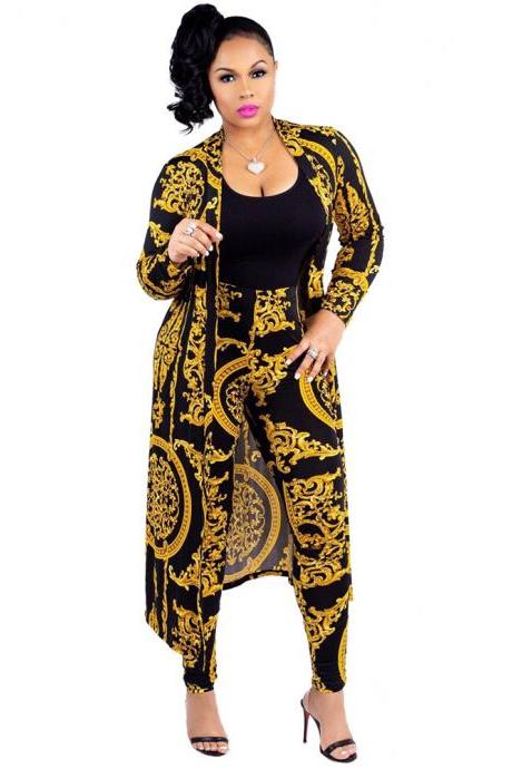 Women Tracksuit Long Sleeve Printed Trench Coat +Pencil Pants Casual Two Pieces Set Outfits gold