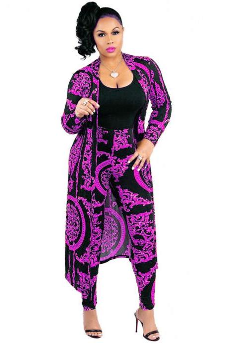 Women Tracksuit Long Sleeve Printed Trench Coat +Pencil Pants Casual Two Pieces Set Outfits purple