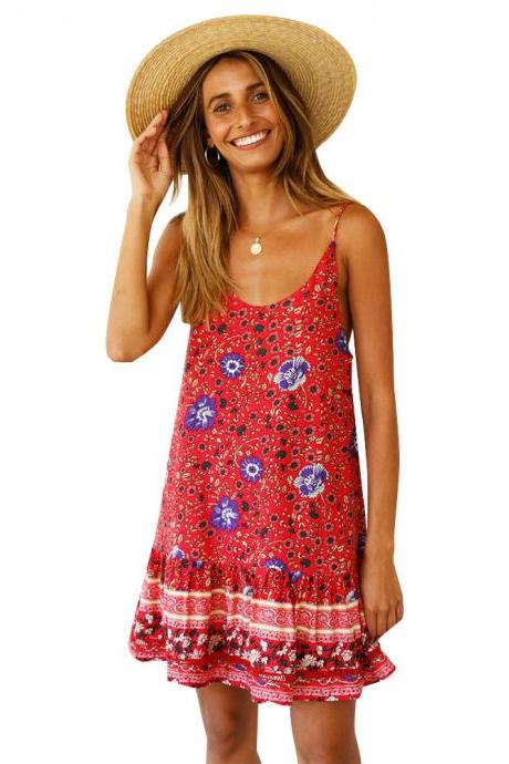 Women Floral Printed Mini Dress Spaghetti Straps Backless Ruffle Summer Beach Boho Sundress 2#