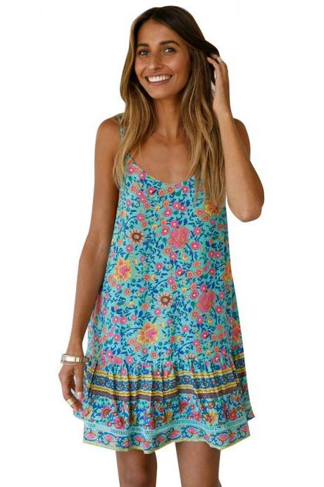 Women Floral Printed Mini Dress Spaghetti Straps Backless Ruffle Summer Beach Boho Sundress 3#