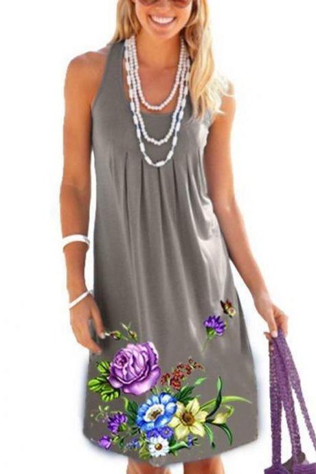Women Floral Printed Dress Summer Beach Boho Casual Plus Size Sleeveless Sundress gray