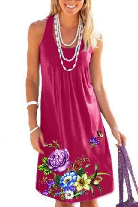 Women Floral Printed Dress Summer Beach Boho Casual Plus Size Sleeveless Sundress hot pink