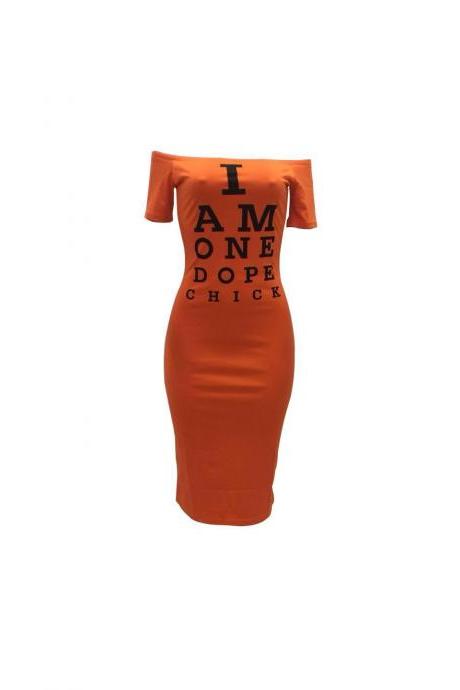  Women Pencil Dress Off Shoulder Short Sleeve Letter Printed Bodycon Midi Club Party Dress orange