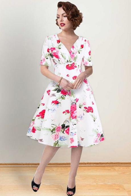 Women Floral Printed Dress V Neck Short Sleeve Vintage 50s 60s Casual A Line Formal Party Dress 1367-white