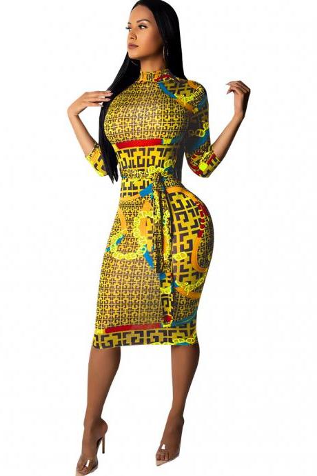 Women Pencil Dress Long Sleeve Palid Printed Belted Slim Bodycon Midi Club Party Dress yellow
