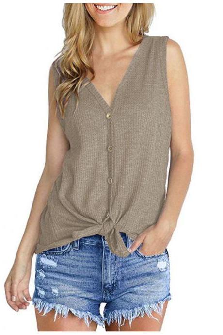 Women Knitted Vest V Neck Buttons Sleeveless Casual Loose Pullovers Cardigan Tops khaki