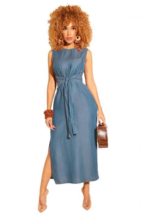 Women Denim Dress Summer Beach Sleeveless Split Casual Belted Slim Midi Dress light blue