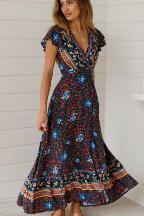 Women Floral Printed Maxi Dress V Neck Short Sleeve Causal High Split Summer Boho Beach Long Dress 5#