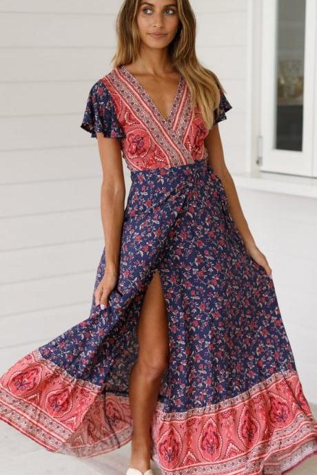 Women Floral Printed Maxi Dress V Neck Short Sleeve Causal High Split Summer Boho Beach Long Dress 8#