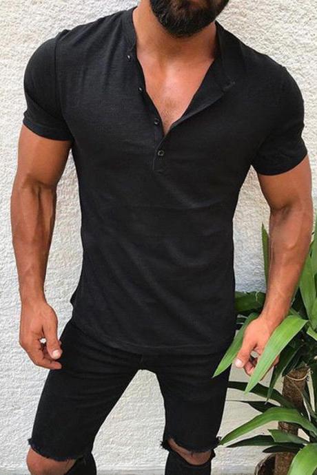 Men T-Shirt Button V Neck Summer Short Sleeve Streetwear Casual Hip Hop Slim Fit Male Tops black