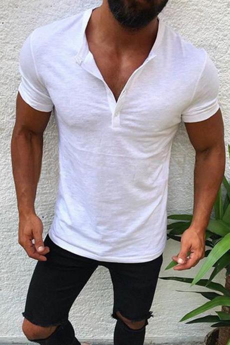  Men T-Shirt Button V Neck Summer Short Sleeve Streetwear Casual Hip Hop Slim Fit Male Tops off white