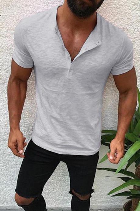Men T-Shirt Button V Neck Summer Short Sleeve Streetwear Casual Hip Hop Slim Fit Male Tops gray