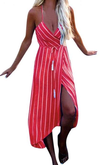 Women Striped Dress Summer Sleeveless Beach Boho Maxi Holiday Party Asymmetrical Sundress red