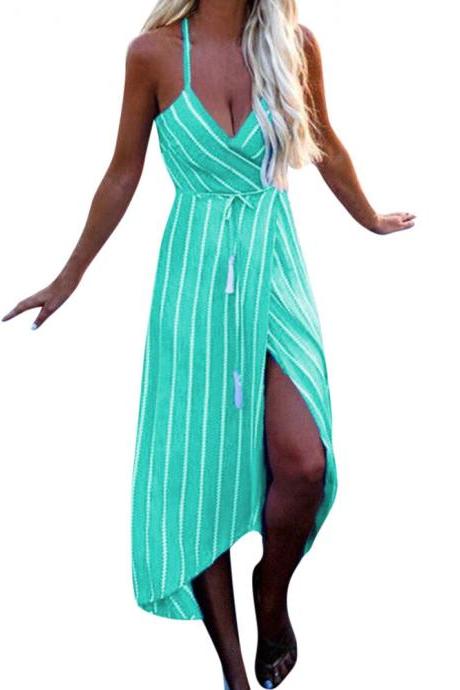 Women Striped Dress Summer Sleeveless Beach Boho Maxi Holiday Party Asymmetrical Sundress green