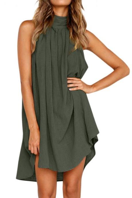 Women Asymmetrical Dress Sleeveless Turtleneck Casual Summer Beach Mini Party Sundress army green
