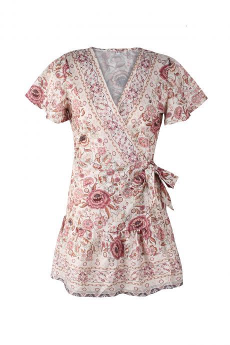 Women Floral Printed Dress Ruffle Wrap Short Sleeve V Neck Casual Summer Beach Boho Mini Sundress 1#
