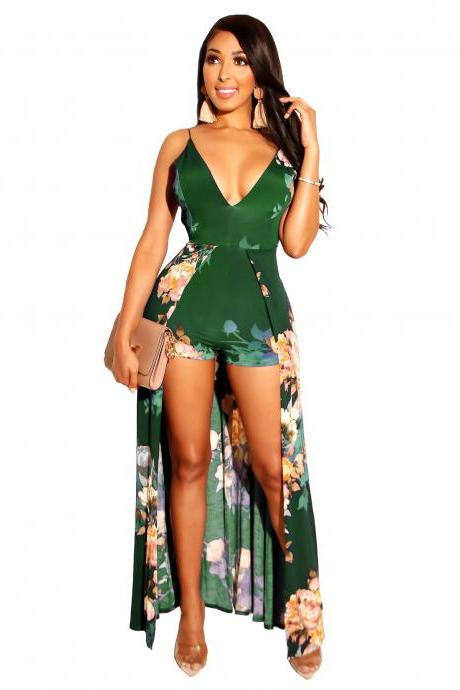  Women Floral Printed Jumpsuit V Neck Spaghetti Straps Summer Beach Casual Backless Rompers green