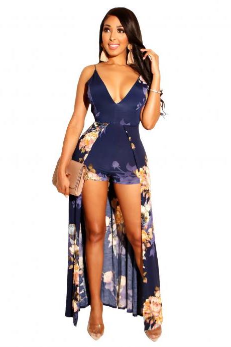 Women Floral Printed Jumpsuit V Neck Spaghetti Straps Summer Beach Casual Backless Rompers navy blue